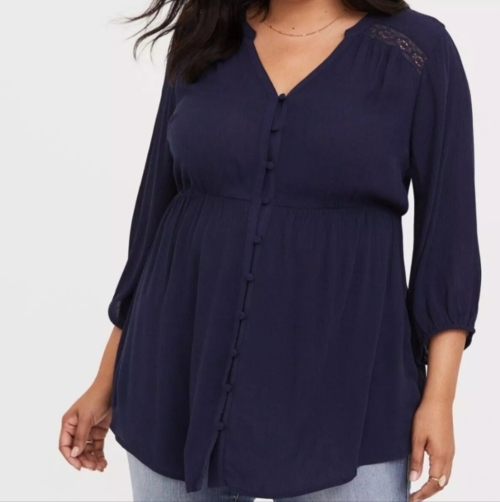 Torrid Navy Gauze Lace Inset Babydoll Top